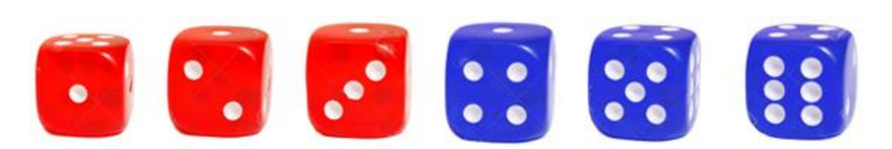 6 six sided dice, 3 red and 3 blue
